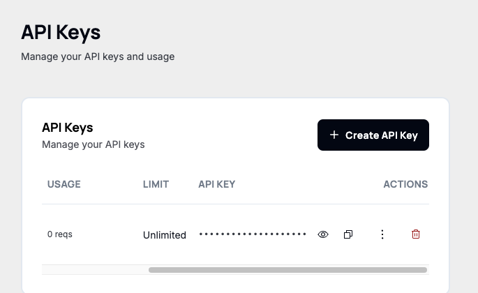 An API key listed masked, with reveal, copy, and delete actions