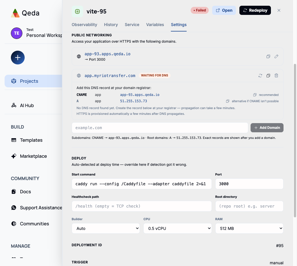 A newly-added custom domain in "Waiting for DNS" status, with the CNAME and A record instructions to add at the registrar