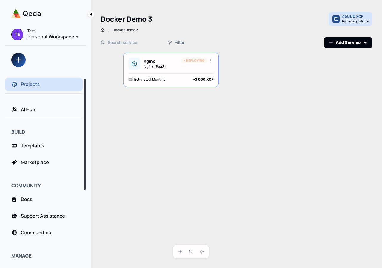 The project canvas showing a new "nginx" service card, deploying