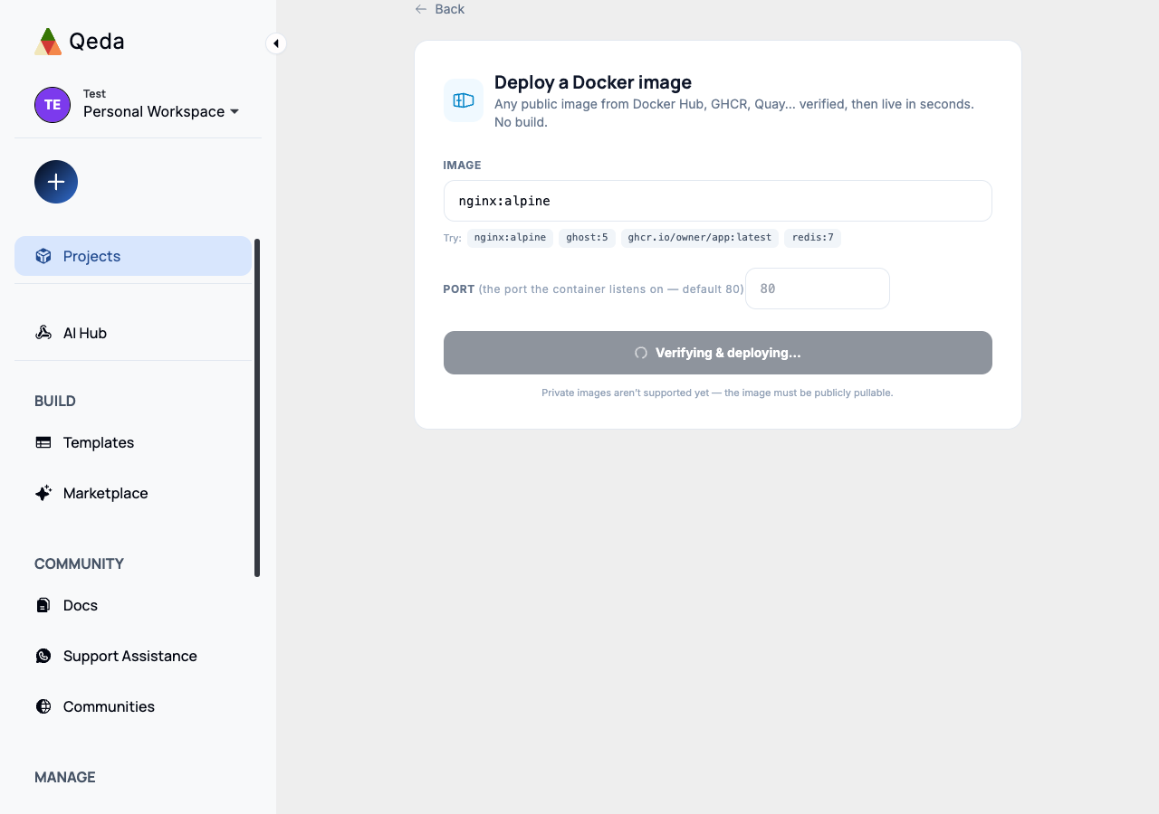 The deploy form mid-submit, showing a "Verifying & deploying..." state on the button