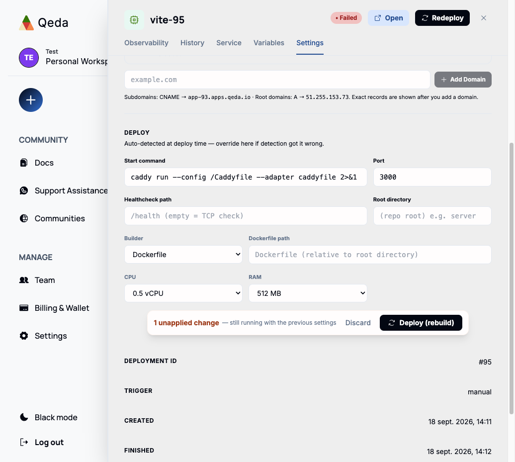 The Builder setting in a service's Settings tab, switched to "Dockerfile" with its path field revealed