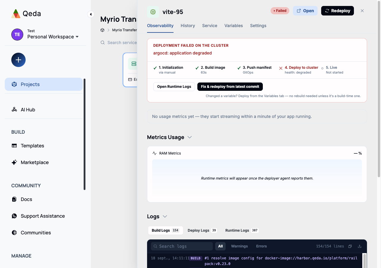 The Observability tab showing a failed deployment pipeline with a "Fix & redeploy" button