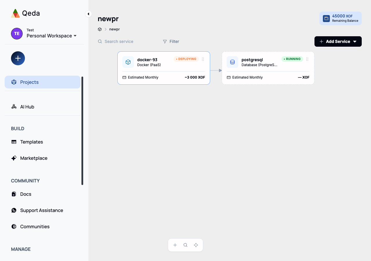 The project canvas after attaching PostgreSQL, showing the app and database cards connected