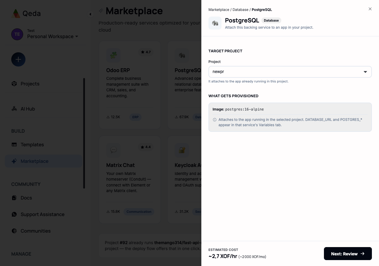 The deploy drawer for PostgreSQL, showing the target project and what gets provisioned