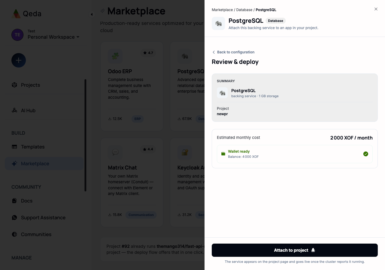 The review step, showing the summary, estimated monthly cost, and a "Wallet ready" check