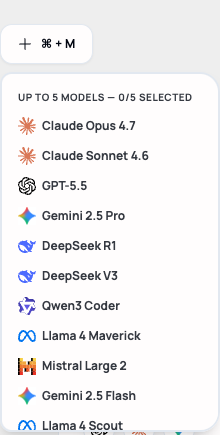 The model picker showing "UP TO 5 MODELS — 0/5 SELECTED" and a list including Claude, GPT, Gemini, DeepSeek, Qwen, Llama, and Mistral models
