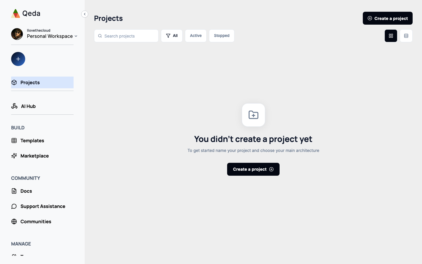 The Projects page listing every project the account has access to
