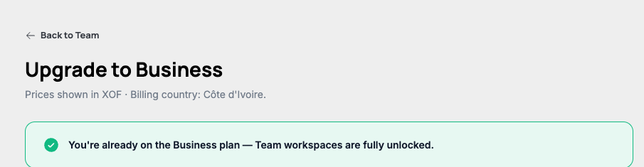 The upgrade page showing "You're already on the Business plan — Team workspaces are fully unlocked."