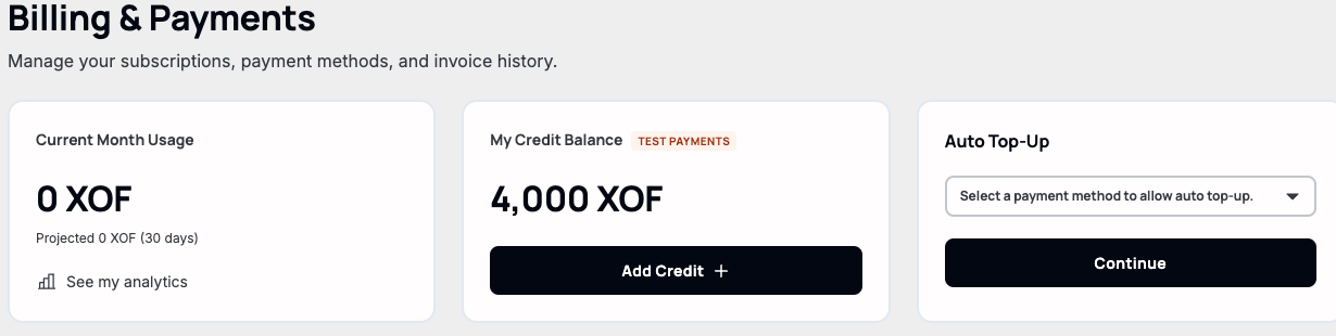The Billing page header: Current Month Usage, My Credit Balance, and Auto Top-Up cards