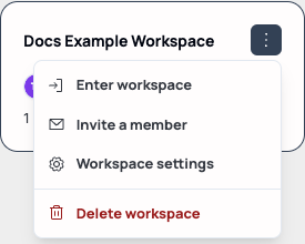 A workspace card's menu showing Enter workspace, Invite a member, Workspace settings, and Delete workspace