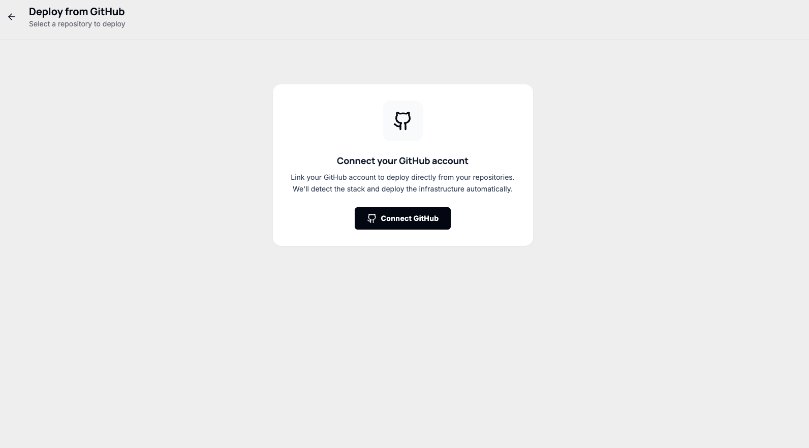Écran de connexion GitHub du dashboard Qeda — connectez votre compte GitHub pour déployer directement depuis vos dépôts