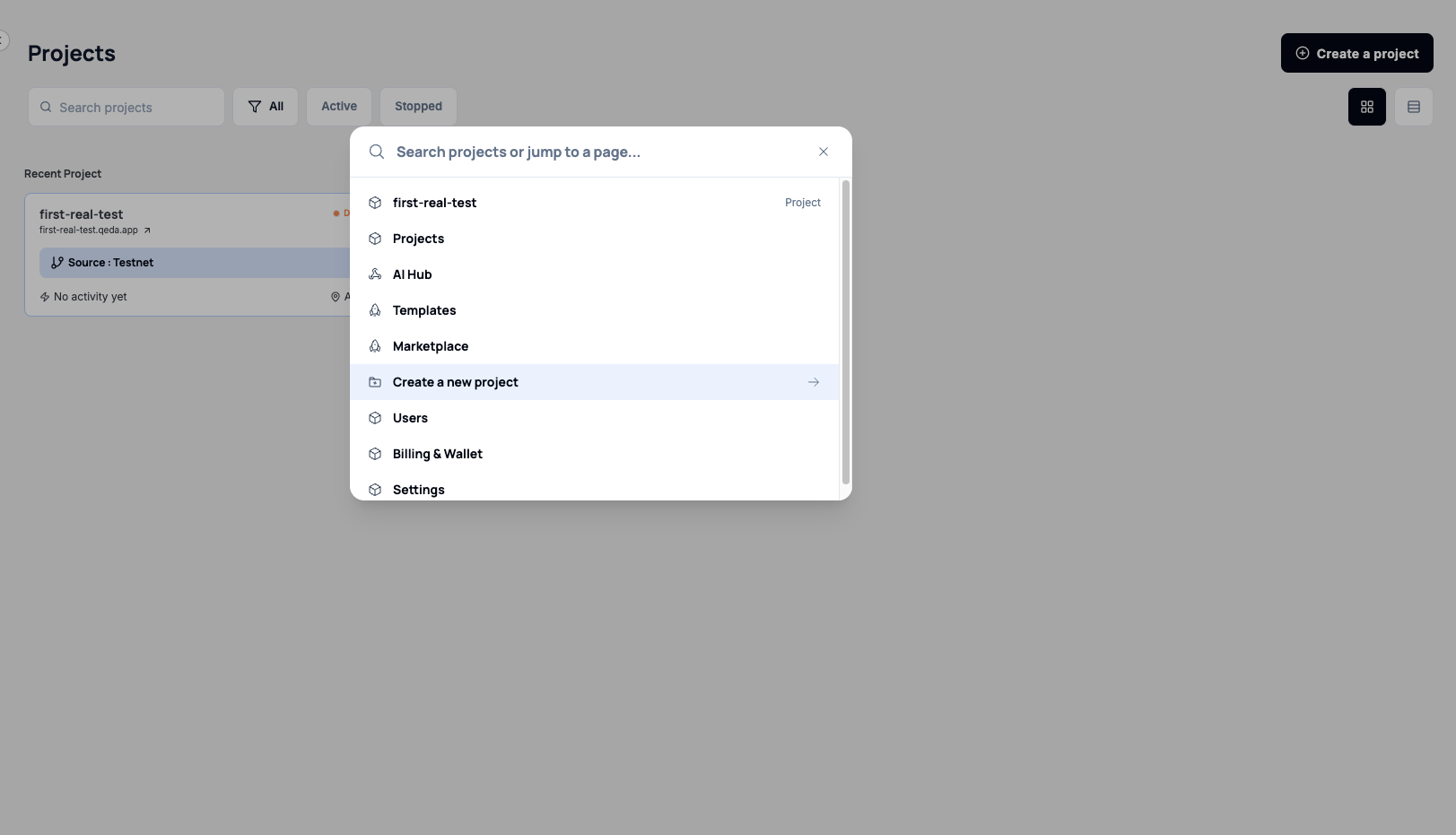 Page Projets du dashboard Qeda avec la palette de commandes ouverte — accès rapide à AI Hub, Templates, Marketplace, Facturation & Wallet